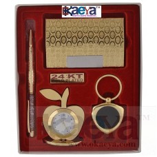 OkaeYa Gold Plated Pen And Visiting Card Holder And Apple Shape Clock And Key Ring